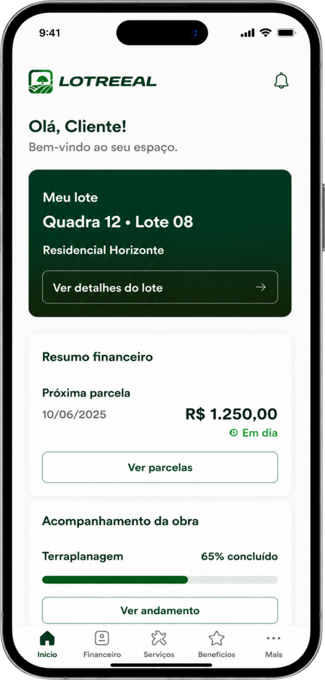 Aplicativo da loteadora exibindo meu lote, resumo financeiro e andamento da obra